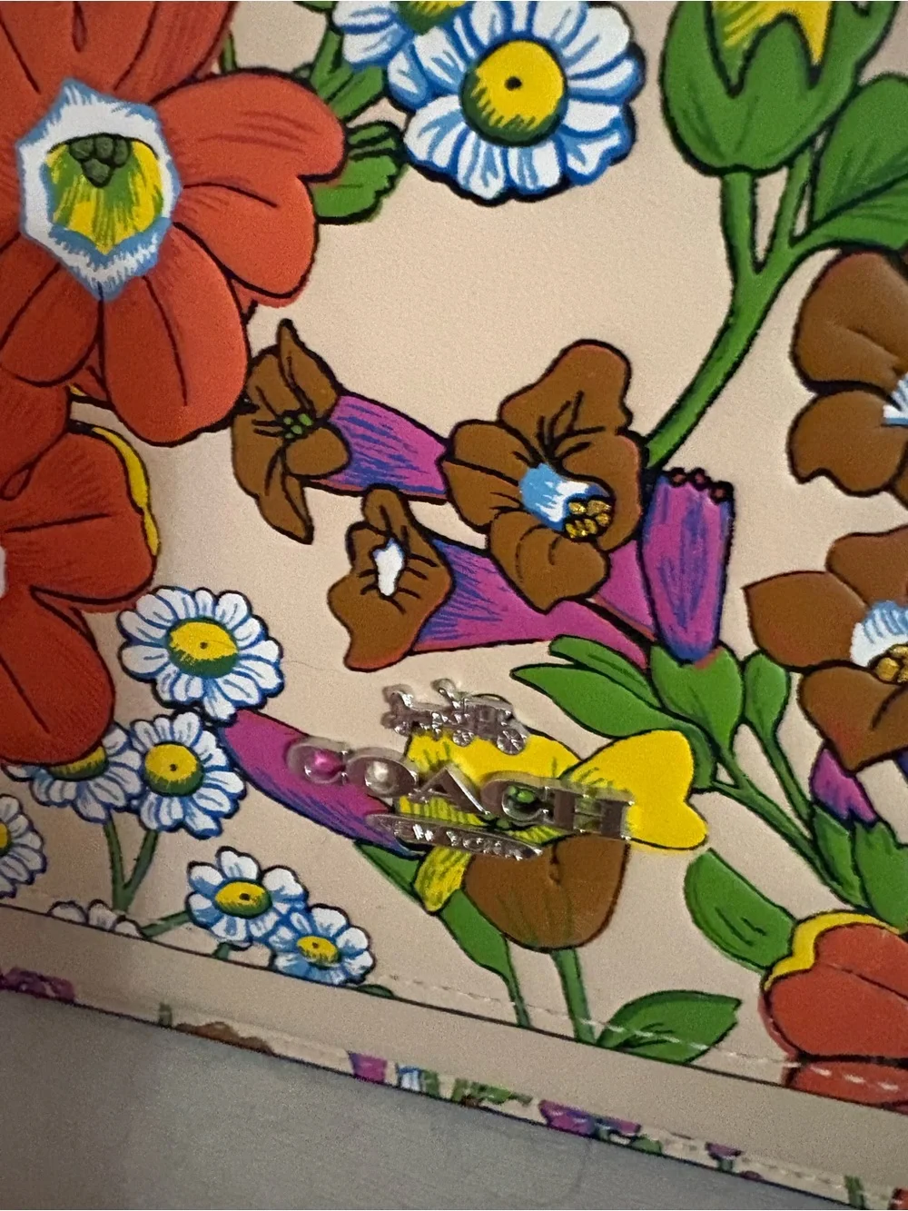 Coach Floral Leather Shoulder Bag - Beige with Orange & Purple Flowers